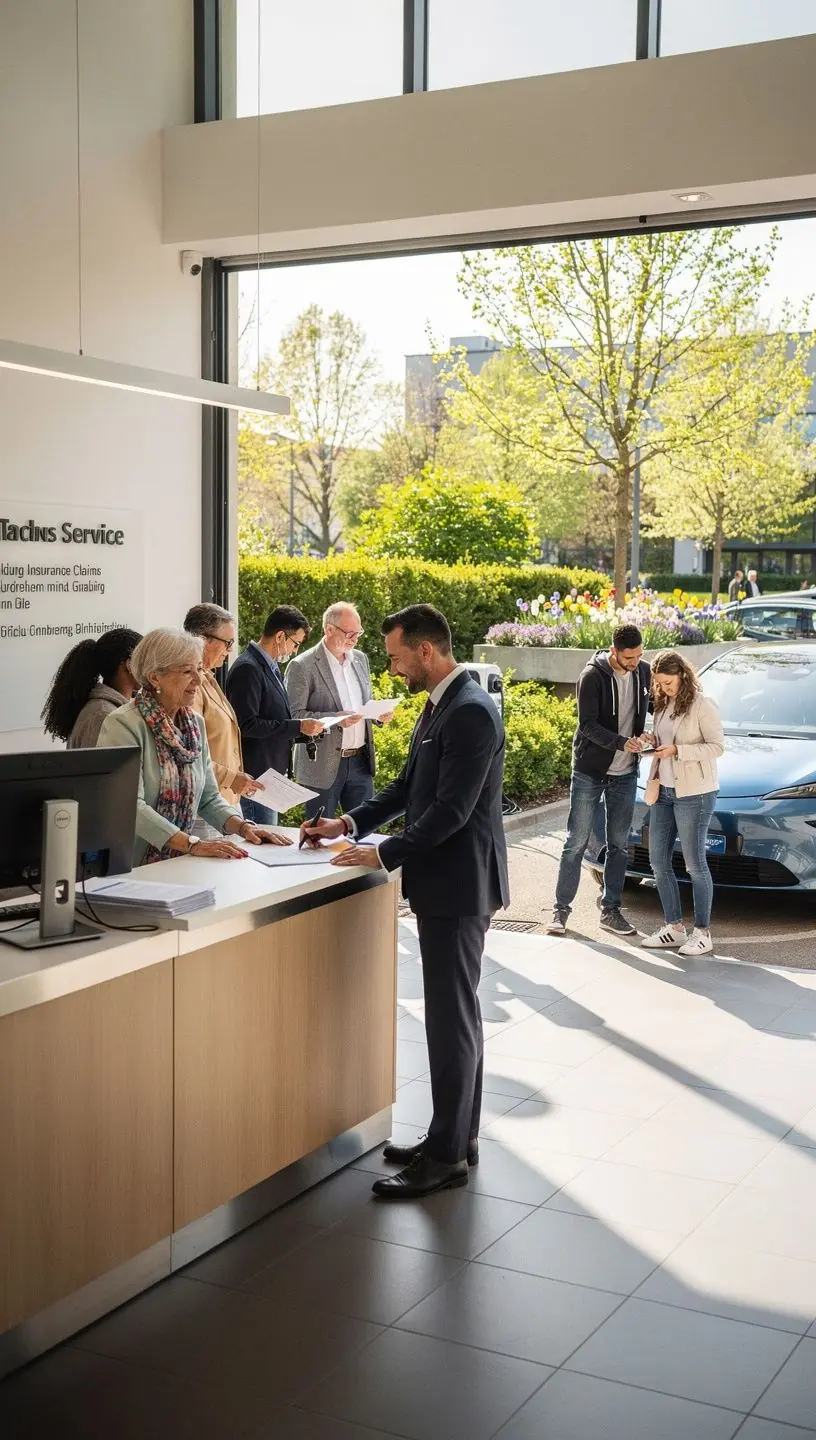 Ein Versicherungsberater erklärt einem Kunden die Vorteile einer Kfz-Versicherung mit Wartungspaket